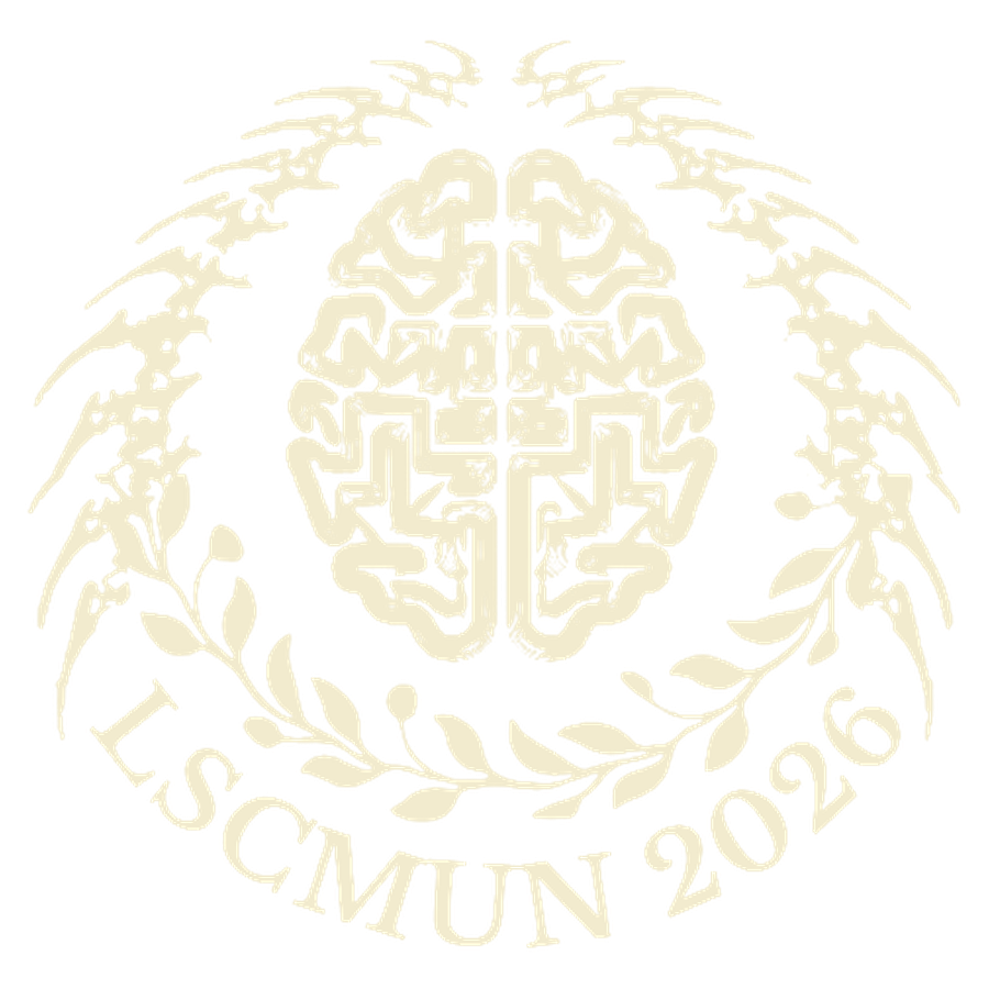 LSCMUN 2026 emblem: a human brain enclosed in a laurel wreath